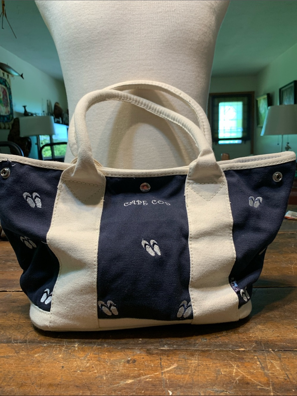 CUFFY’S CAPE COD NAVY BLUE and CREAM CANVAS TOTE FLIP FLOPS MOTIF